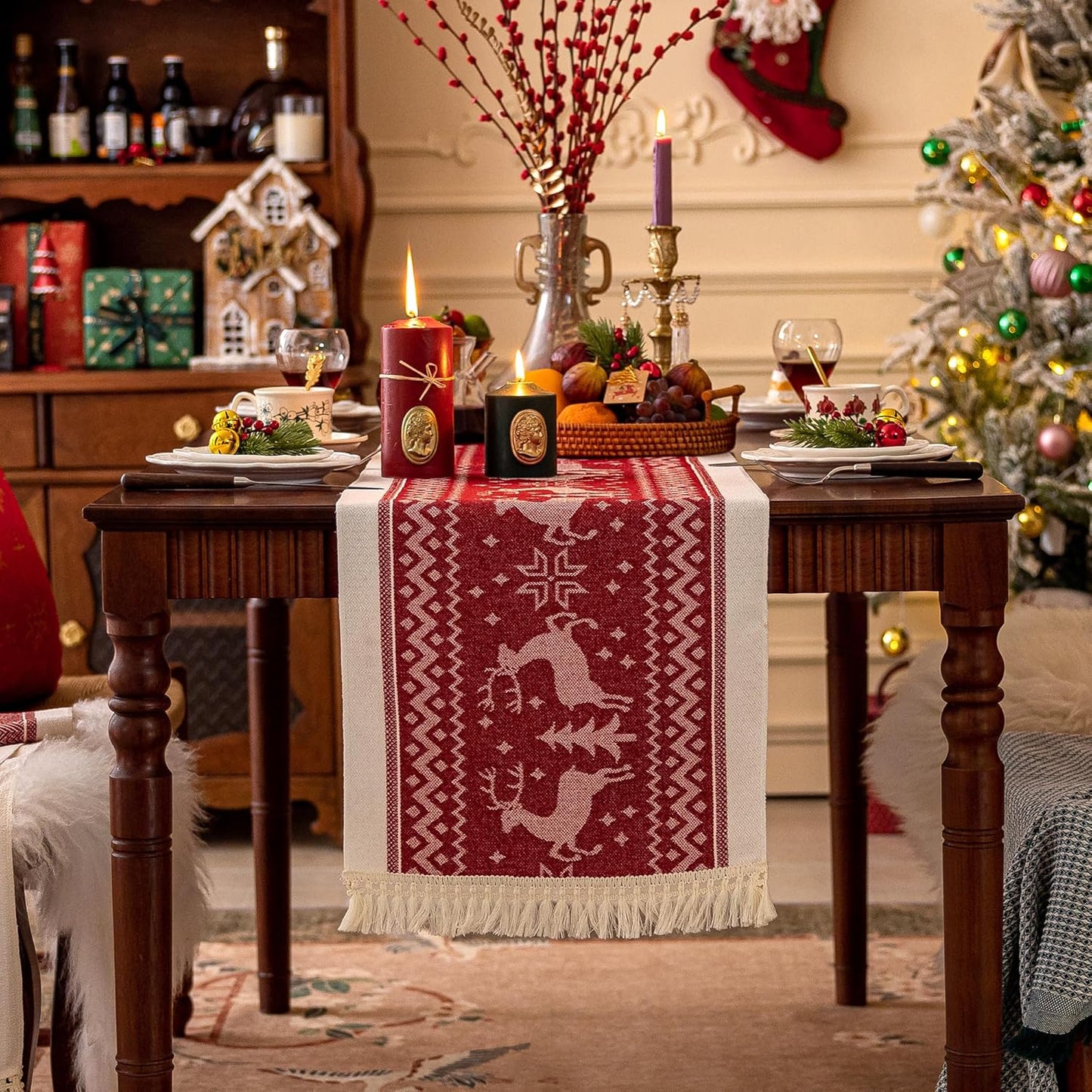 Table Runners 95 Inches,Elk Table Runner with Tassel Fringe,Christmas Table Runner for Party,Coffee Table, Festival