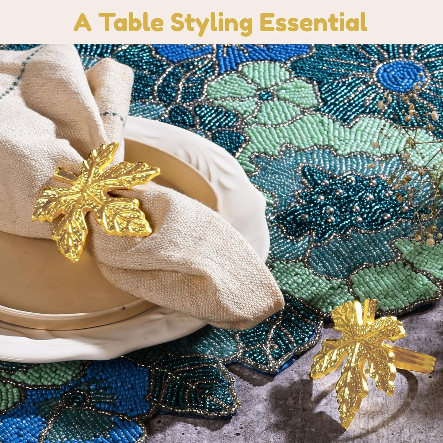 Elegant Handcrafted Leaf Napkin Rings - Set of 12 Premium Aluminum Holders for Dinner Parties, Weddings, Special Occasions & Everyday Dining (Gold) - CLEENTABLE