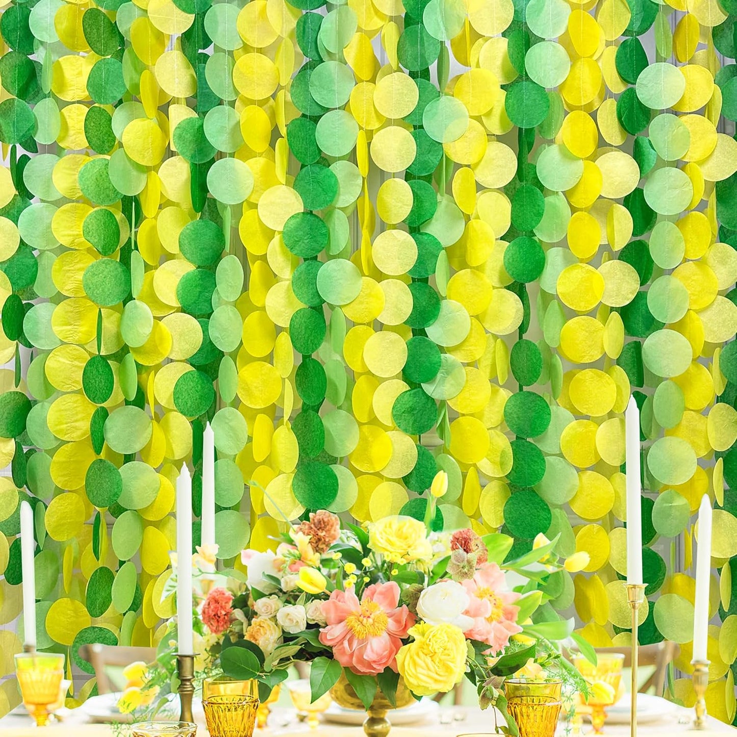 205Ft Yellow Green Party Decorations Ombre Green Yellow Circle Dot Backdrop Garland Tissue Paper Polka Dots Hanging Streamer for Spring Summer Birthday Engagement Wedding Bridal Shower Party Supplies