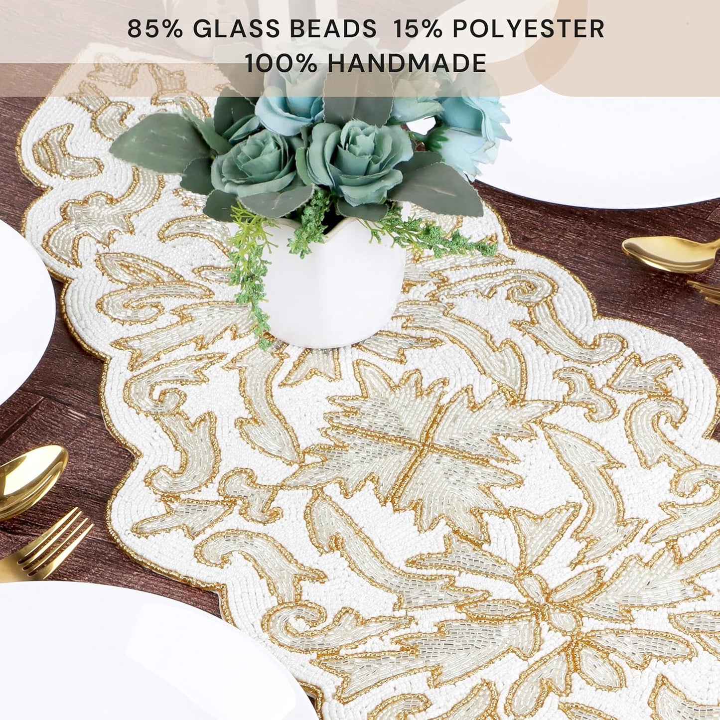 Beaded Table Runner 13 x 36 Inches - Elegant Dining Table Centerpiece with Glass Beads & Polyester Back, Handmade Decorative Runner for Weddings, Parties & Holiday Décor (White & Gold) - CLEENTABLE