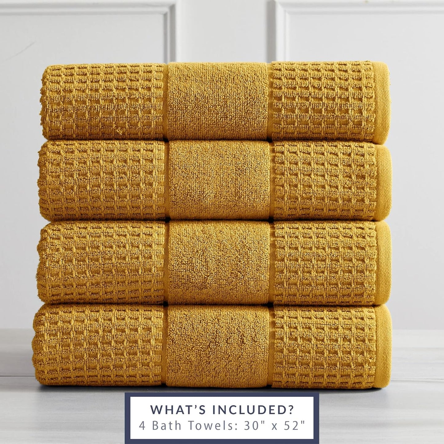 100% Cotton Super Soft Luxury Bath Towel Set | Quick-Dry and Highly Absorbent | Waffle Textured | 550 GSM | Includes 4 Bath Towels | Harper Collection (Mustard Yellow)