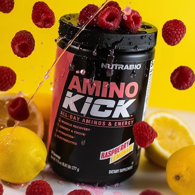 NutraBio Amino Kick – BCAA Powder with Natural Caffeine – Amino Acids Supplement for Energy, Hydration & Recovery – BCAAs, Electrolytes & Amino Acids – Raspberry Lemonade, 30 Servings
