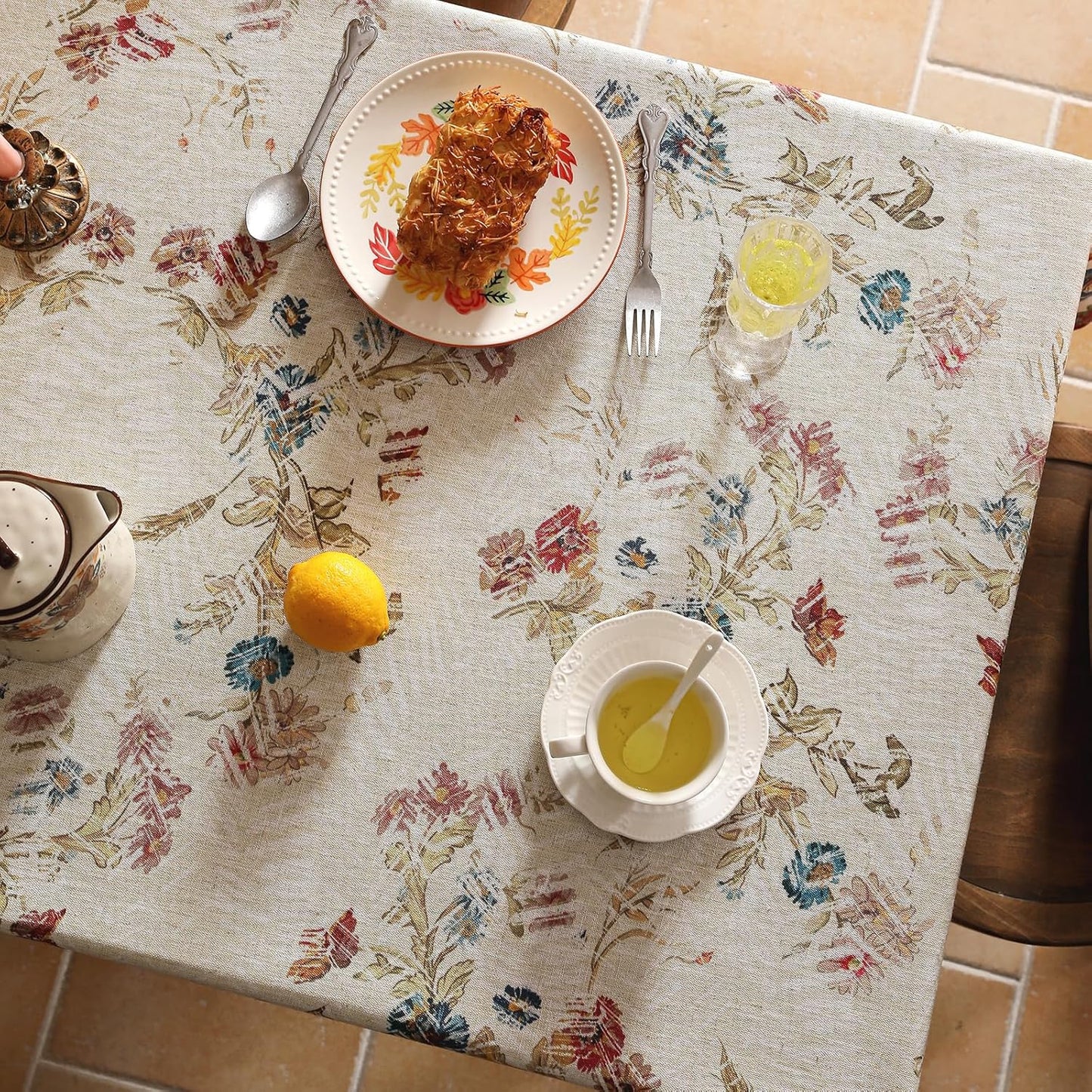 patdrea Designer Linen Red Long Rectangle Tablecloth,Vintage French Animals Pattern Tablecloths,Decoration Floral Table Cover for Kitchen Dining Christmas,Party,Thanksgiving,63"x94"-Townlife E