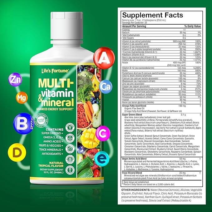 Life's Fortune Multivitamin All Natural Energy Source Supplying Whole Food Concentrates, Antioxidants, Amino Acids, Enzymes, Trace Minerals & More, 32 Servings (Pack of 2)