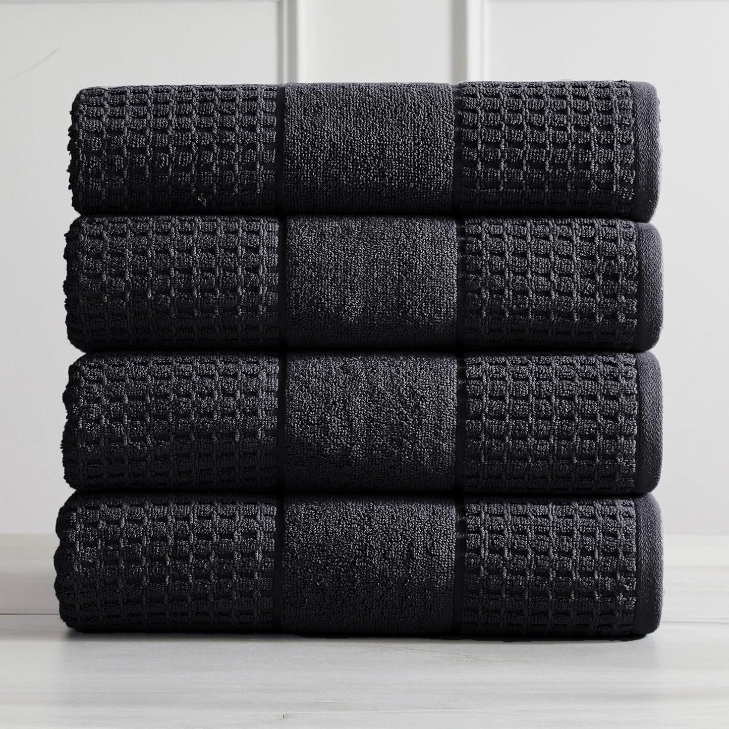 100% Cotton Super Soft Luxury Bath Towel Set | Quick-Dry and Highly Absorbent | Waffle Textured | 550 GSM | Includes 4 Bath Towels | Harper Collection (Black)