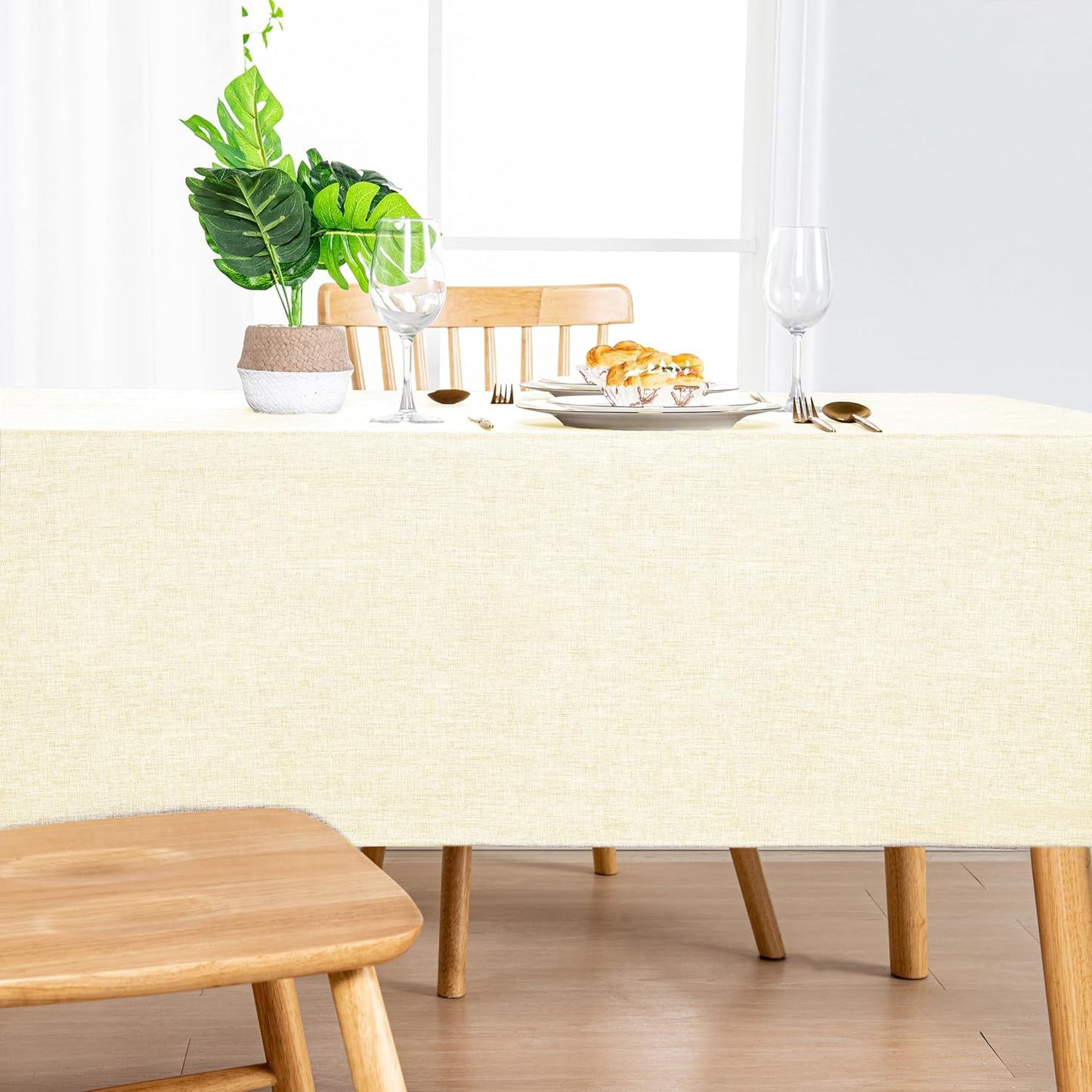 Hiasan 2 Pack Faux Linen Rectangle Tablecloth - Wrinkle and Stain Resistant Washable Table Cloth for Kitchen Dining Room Holiday Table Cover for Party Dinner, Champagne, 90 x 132 Inch