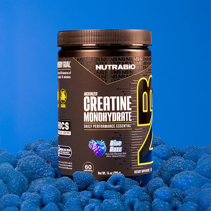 NutraBio Pure Micronized Creatine Monohydrate Powder Supplement, Blue Razz Burst(300 g) - Supports Bulk Muscle Energy, Recovery, and Strength - HPLC Tested Creatine Powder Supplement for Men and Women