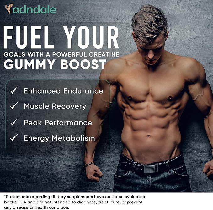 Adndale Creatine Monohydrate Gummies for Men & Women, 5000mg per Serving Creatine Supplement with Beta-Alanine, L-Citrulline & B12 - Supports Strength and Energy - 75 Vegan Gummies, Sugar-Free