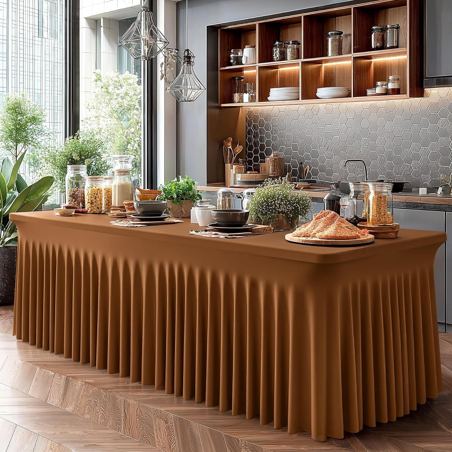 Wish Care 6 Pack Brown Spandex Table Clothes for 6 Foot Rectangle Tables, 6FT Wrinkle Free Fitted Tablecloths Ruffles Design Table Cover for Party, Banquet, Wedding and Events
