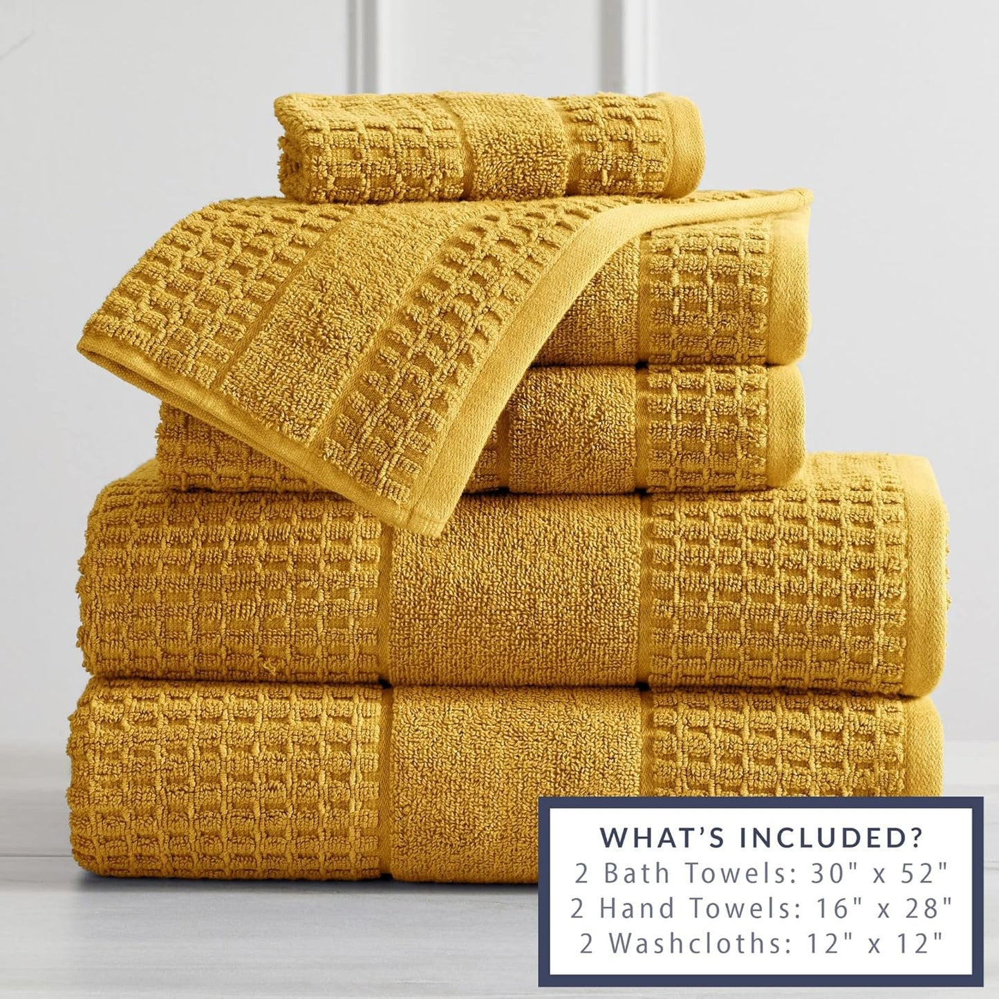 100% Cotton Super Soft Luxury Towel Set | Quick-Dry and Highly Absorbent | Waffle Textured | 550 GSM | 2 Bath Towels, 2 Hand Towels, & 2 Washcloths | Harper Collection (Mustard Yellow)