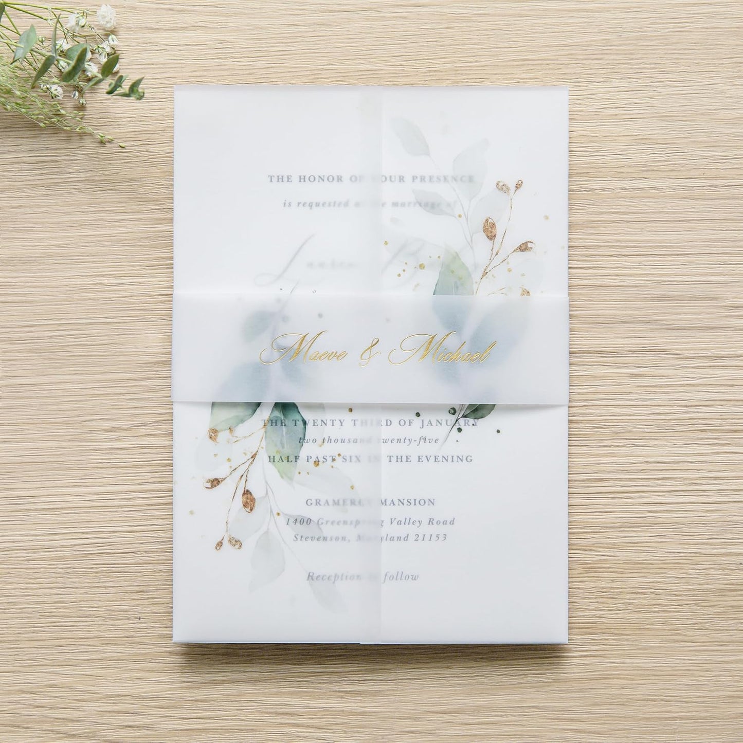 PONATIA 50PCS Vellum Jackets for 5x7 Invitation Cards - 135GSM Green Leaves Vellum Sleeves, 5x7'' Clear Jackets Wedding Invitations Wraps - Transparent Card Jackets