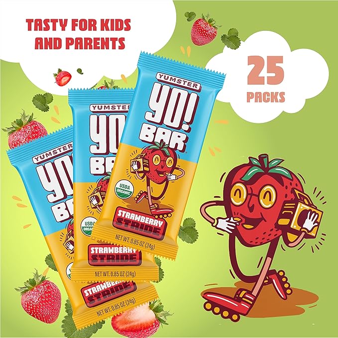 Yo! Bar by Bearded Brothers Vegan Organic Kids Bar, Strawberry (25 Bars) - Gluten Free, Paleo and Whole 30 | Soy Free, Non-GMO, Low Glycemic, No Sugar Added, Fiber + Whole Foods
