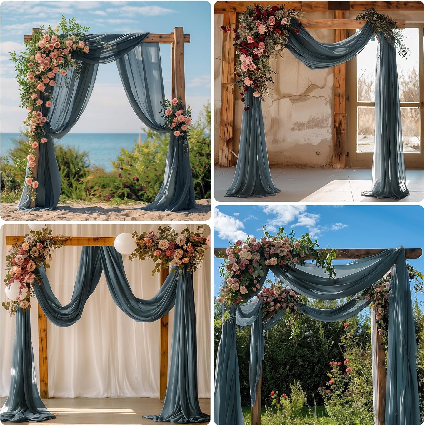 Wedding Arch Draping Fabric 6 Panels 28.7" x 20FT Grey Blue Sheer Chiffon Backdrop Drapes for Wedding Ceremony Birthday Party Bridal Shower Outdoor Decoration