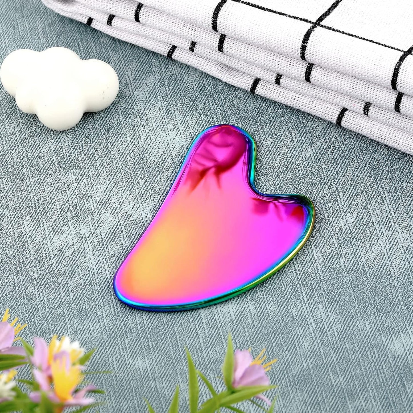 Nuanchu Stainless Steel Gua Sha Facial Tools Metal Guasha Tool for Face Body Jawline Shaper, Double Chin Reducer, Puffiness Reducing, Lymphatic Drainage Massager Skin Care Gift with Pouch(Rainbow)