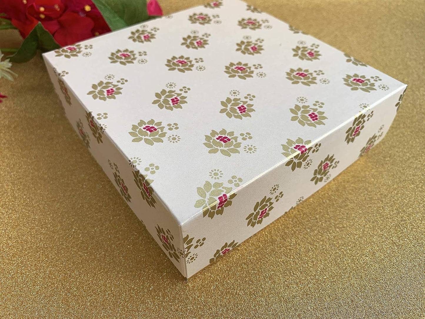 Desi Favors Floral Printed Sweet Boxes for Indian Sweets, Cookies, Goodies, Mithai, Candy, Gift Boxes with Lids Bulk, Handmade Bulk Mithai Box, Favor Boxes for Wedding, 2.95x5.51 Inch (Pack of 4)