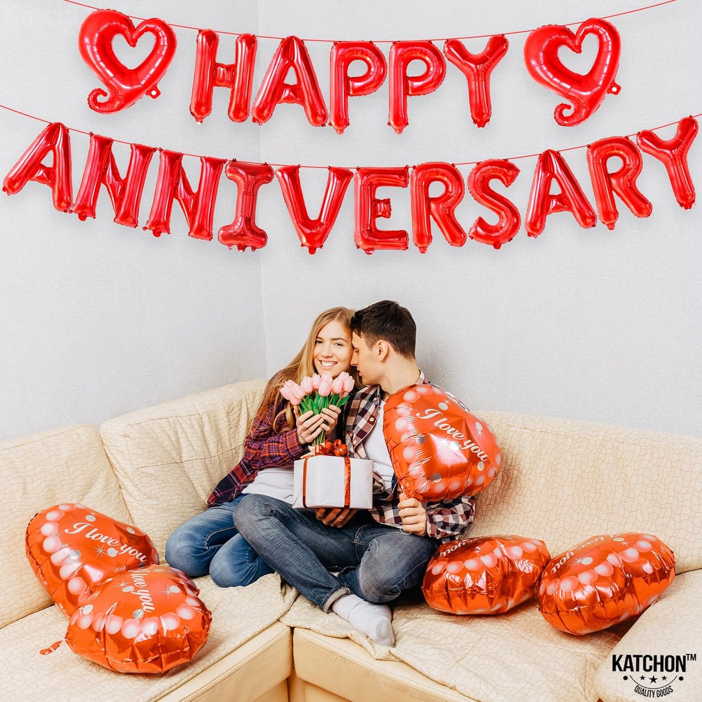 KatchOn 18 Inch Happy Anniversary Balloons Letters - Big Red Banner for Decorations | Heart Balloons for Party