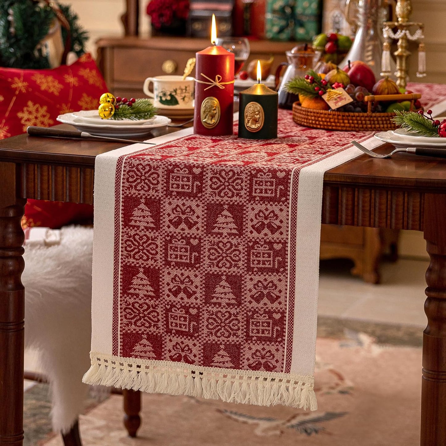 Table Runners 119 Inches,Christmas Tree Table Runner with Tassel Fringe,Gift Table Runner for Party,Coffee Table, Festival