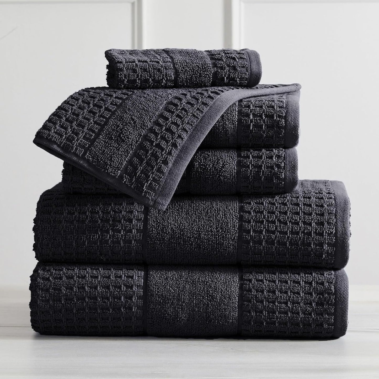 100% Cotton Super Soft Luxury Towel Set | Quick-Dry and Highly Absorbent | Waffle Textured | 550 GSM | 2 Bath Towels, 2 Hand Towels, & 2 Washcloths | Harper Collection (Black)