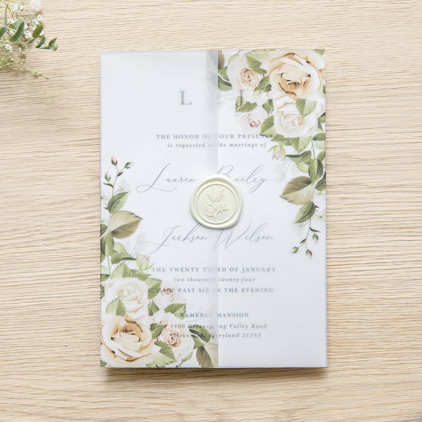 PONATIA 50PCS Vellum Jackets for 5x7 Invitation Cards- 135GSM Champagne Flowers Vellum Sleeves, VVellum Sleeves, 5x7 Clear Jackets - Wedding Invitations Wraps - Transparent Card Jackets