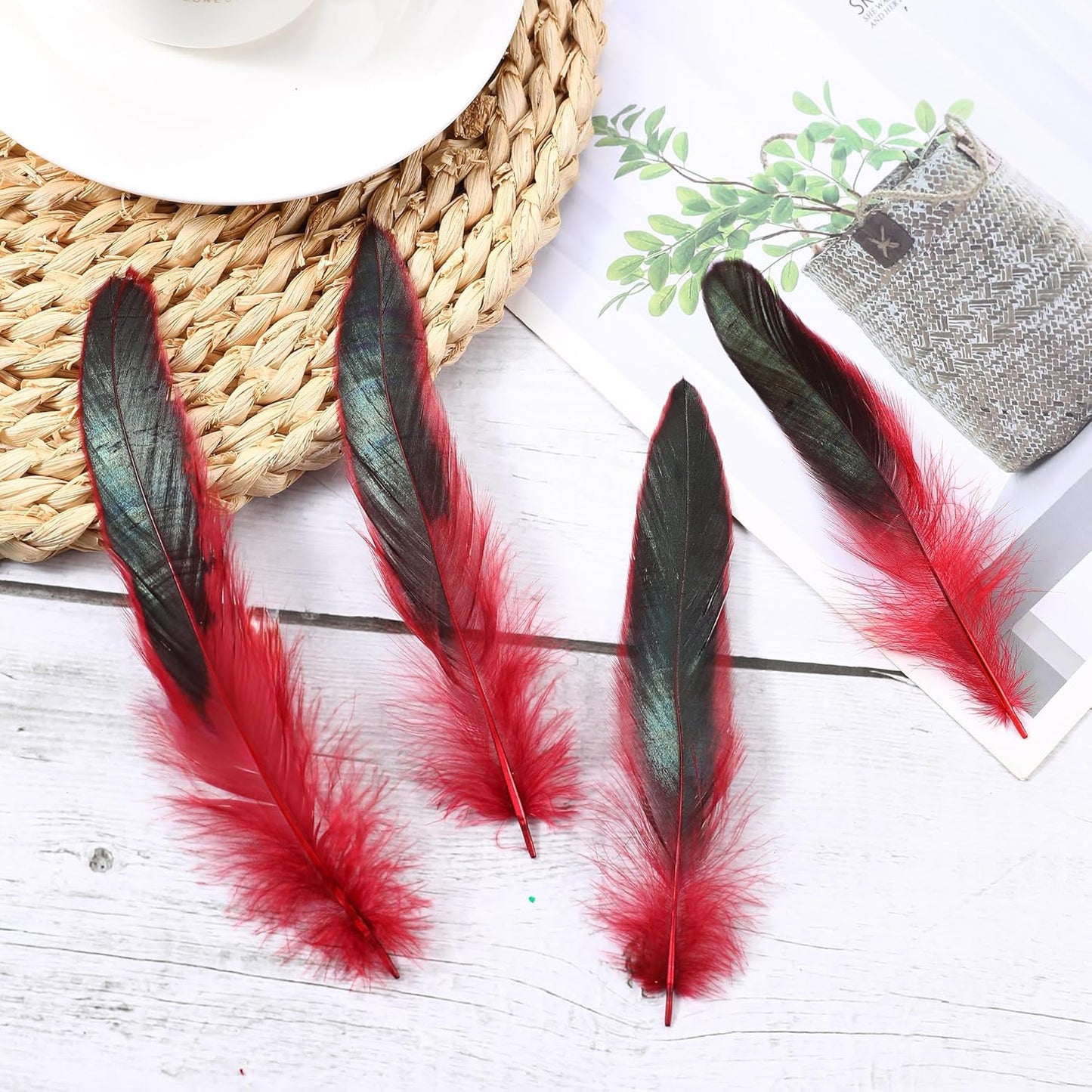 SOGUGOM Red Rooster Tail Feathers - 200 pcs 5-7 inch Natural Small Feathers Bulk for Hats, Cocktail Table Centerpieces and Costume(Wine Red)