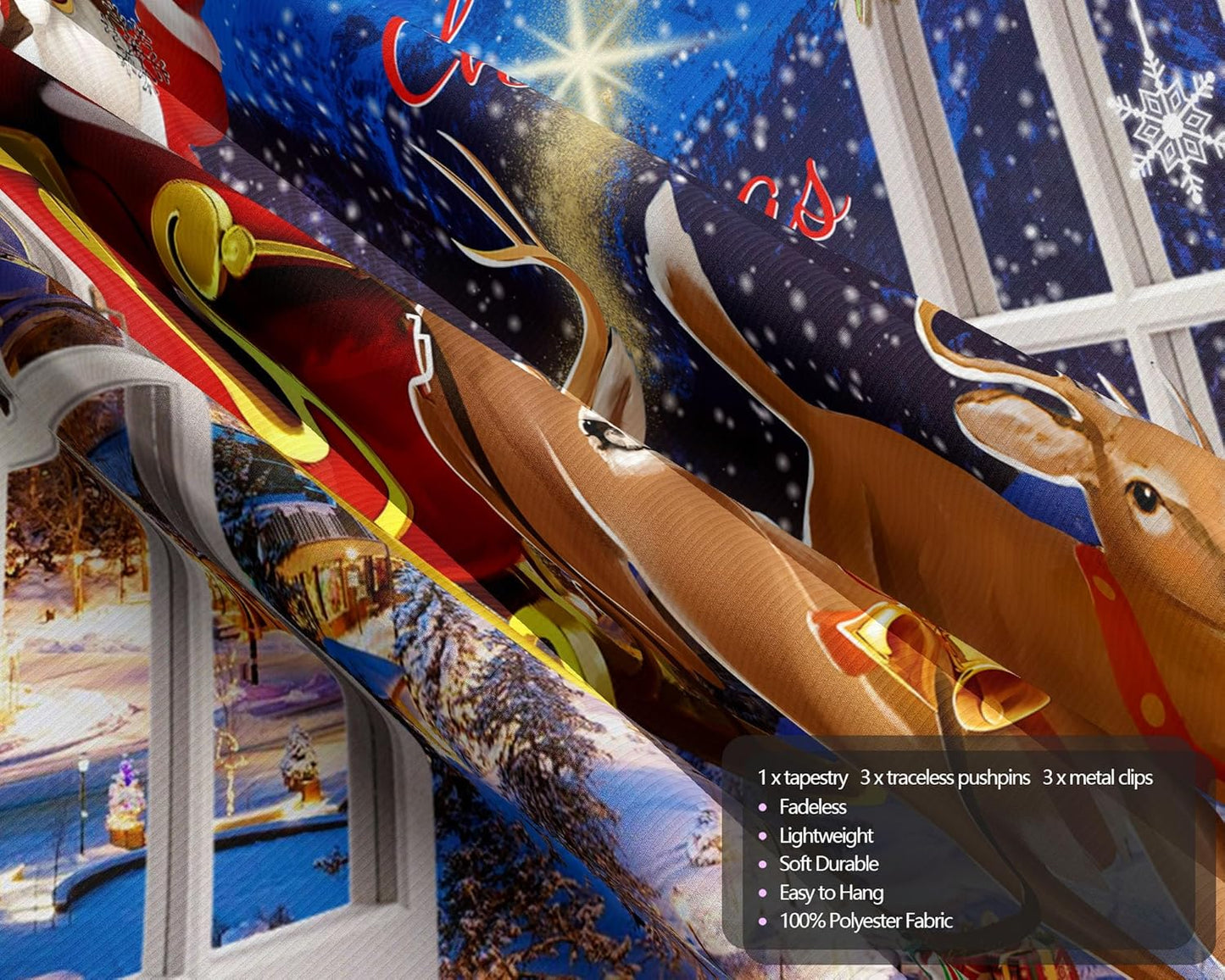 QGHOT Christmas Window Tapestry Wall Hanging Christmas Backdrop Xmas Winter Window Wall Decor Santa Claus Tapestries for Bedroom Living Room Dorm Holiday Party Decoration, Extra Large