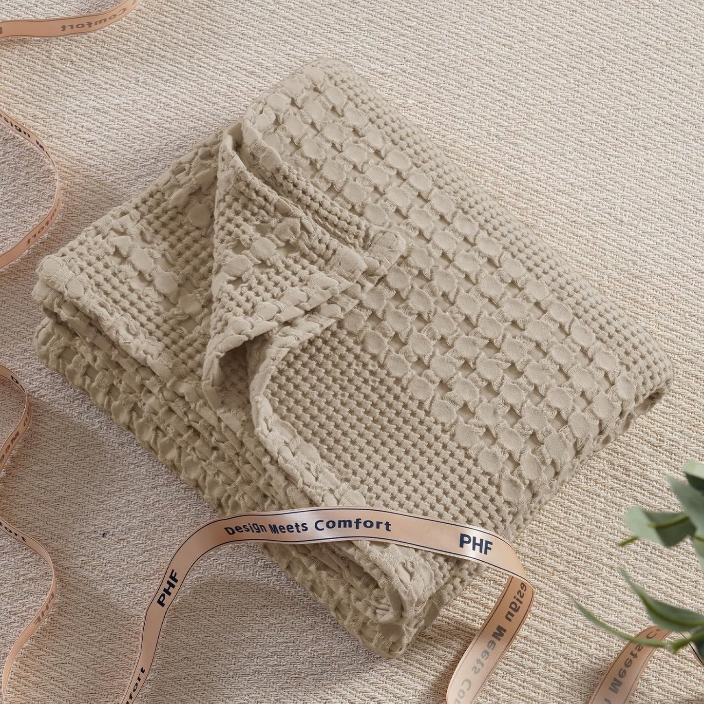PHF 100% Cotton Waffle Weave Throw Blanket, Soft Lightweight Breathable Cozy Throws for Couch Bed Sofa, Luxury Aesthetic Woven Blanket for Home Decor & Office, 50"x60", Simply Taupe
