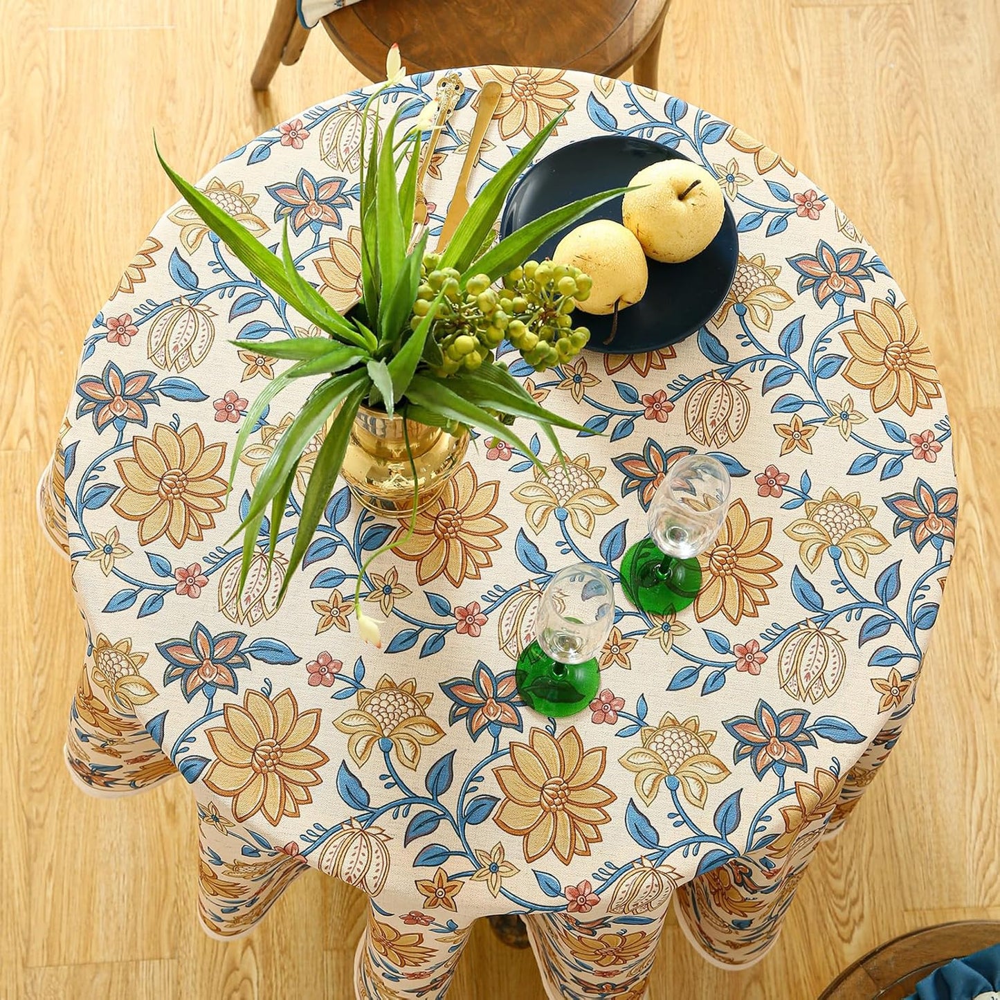 ISAENNE Designer Bohemian Floral Round Tablecloth,Linen Colorful Table Cloth,Wrinkle Resistant Decor Tablecloths for Dining Thanksgiving Kitchen Party Christmas,Diameter 67"-Estevan B