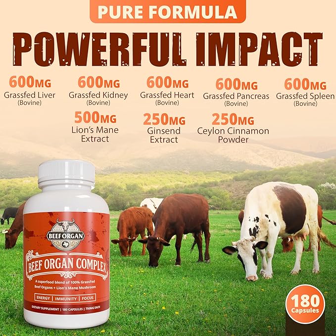 Superfood Blend Grass Fed Beef Organ Supplement for Men & Women 180 Capsules 30-Day Supply - 5 Beef Organ & 3 More Ingredients - Pasture Raised Organ Complex - Support Immunity & Focus