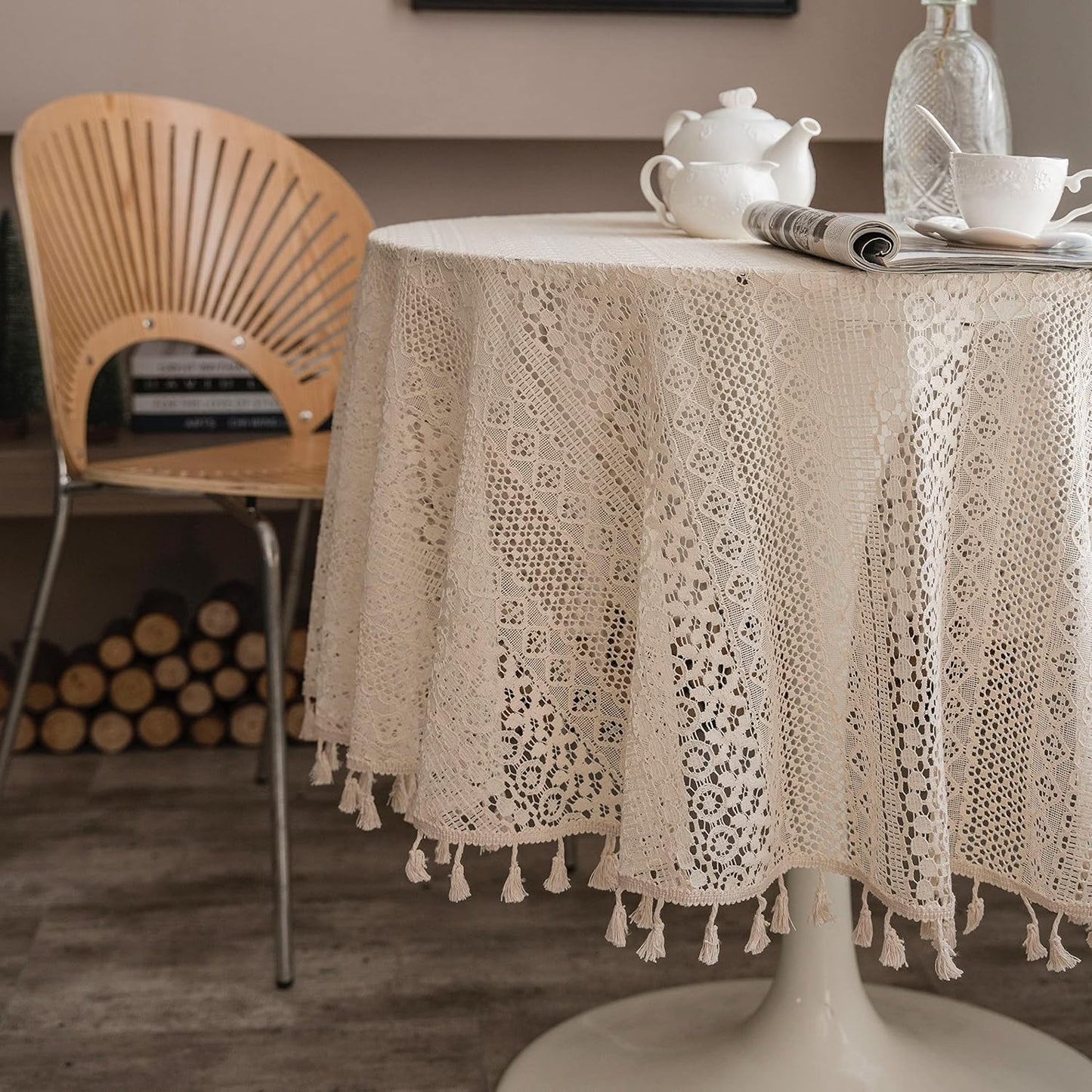 Beige Round Lace Tablecloths with Tassels, Washable Crochet Vintage Cotton Table Cover for Kitchen Dinner Wedding Party Banquet Décor, 59inch