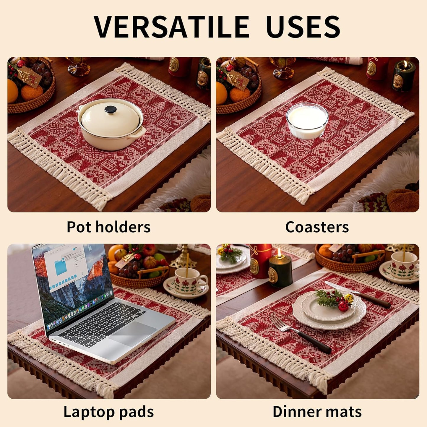 Placemats Set of 4,Christmas Tree Placemat with Tassel Fringe,Gift Placemats for Coffee Table Western Restaurant