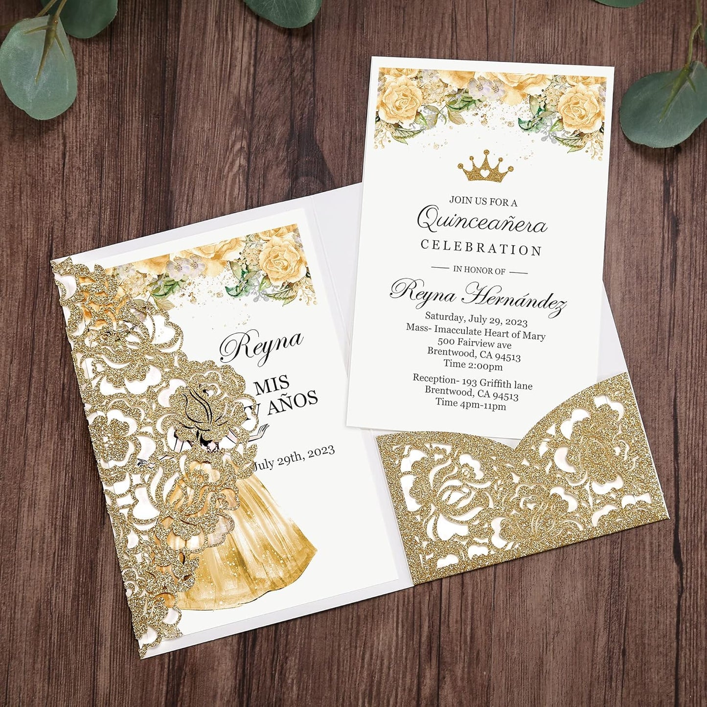 DORIS HOME 50pcs Laser Cut Quinceanera Invitations Gold Glitter, 4.7x7.1 Personalized Quince Invitations for 15th Birthday, Invitation cards for Sweet 16 with Envelopes