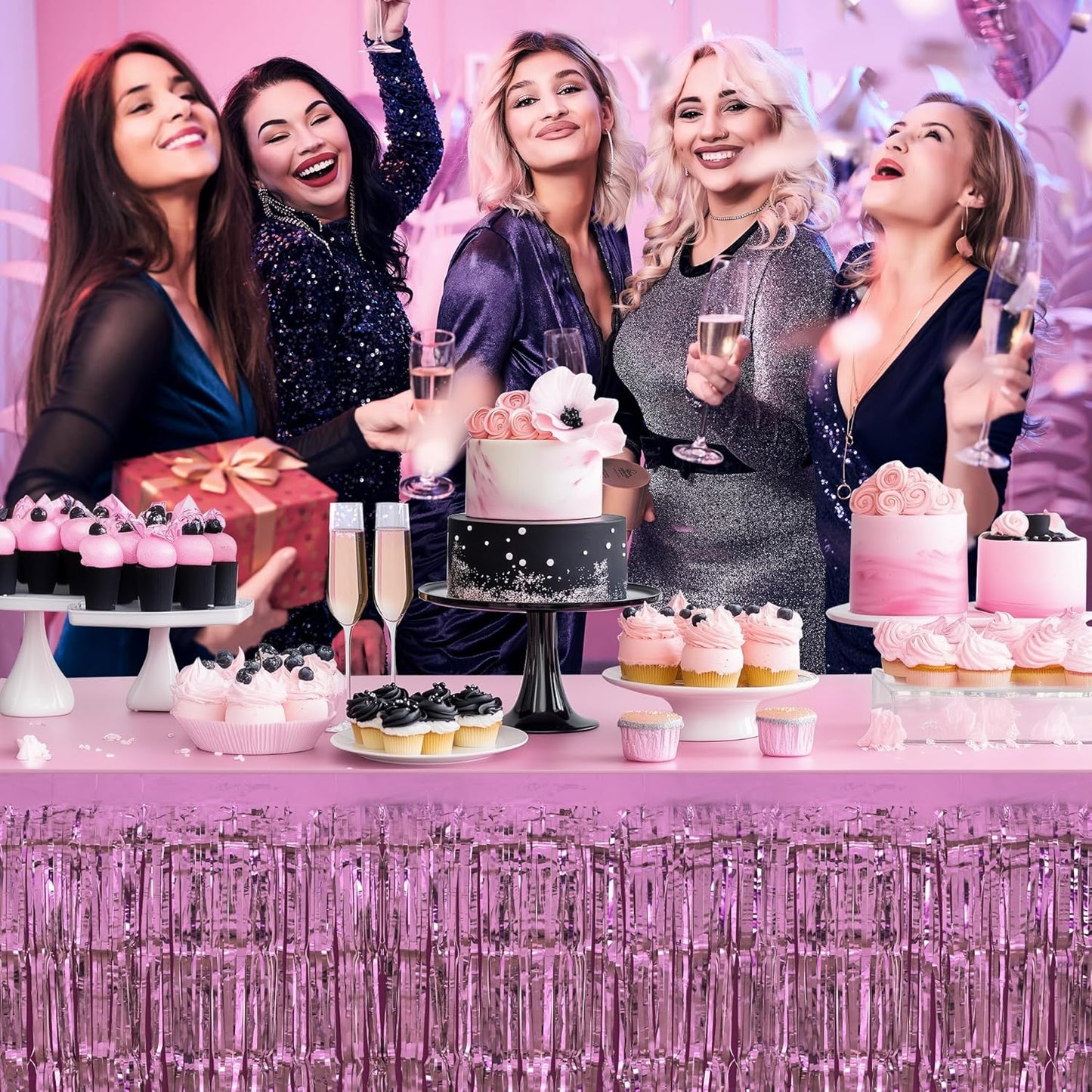 2 Pack Light Pink Green Table Skirts, 29x108" Metallic Foil Tinsel Fringe Table Skirt for Rectangle Tables Streamer Curtains Backdrop, Party Decorations for Birthdays, Weddings, Holidays