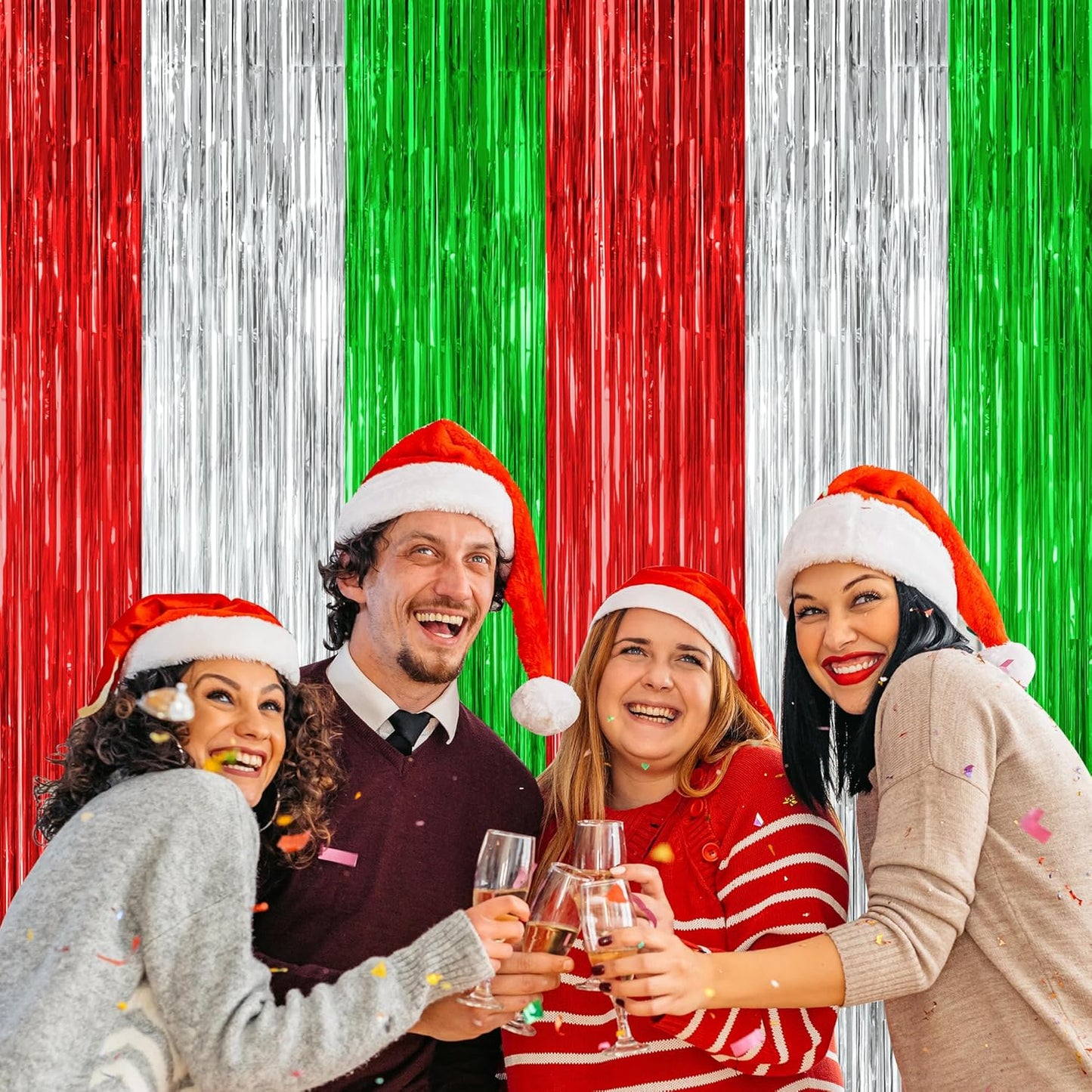 8 Pack Christmas Photo Backdrop, 3.28 FT x 7.05 FT Red Silver Green Party Streamer, Metallic Foil Fringe Curtains Tinsel Backdrop, Christmas Photo Booth Props Door Decor Party Supplies