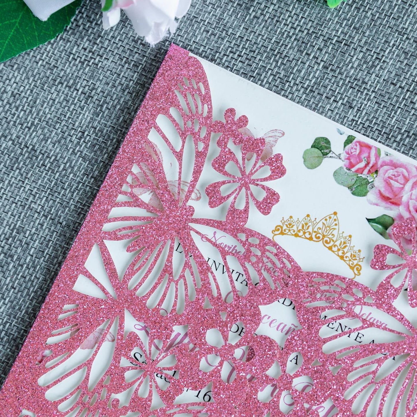 20 PCS 5.12x7.2 Butterfly Quinceanera Invitation, Laser Cut Wedding Invitation Cards with Envelopes for XV Anos Bridal Shower Baby Shower Invite (Pink Glitter)