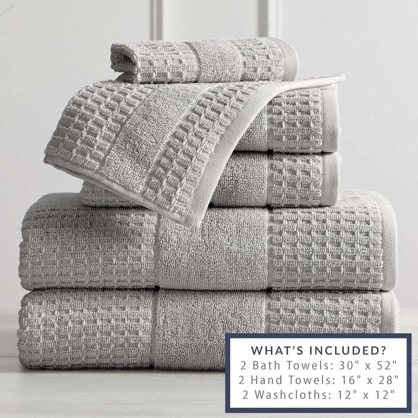 100% Cotton Super Soft Luxury Towel Set | Quick-Dry and Highly Absorbent | Waffle Textured | 550 GSM | 2 Bath Towels, 2 Hand Towels, & 2 Washcloths | Harper Collection (Light Grey)