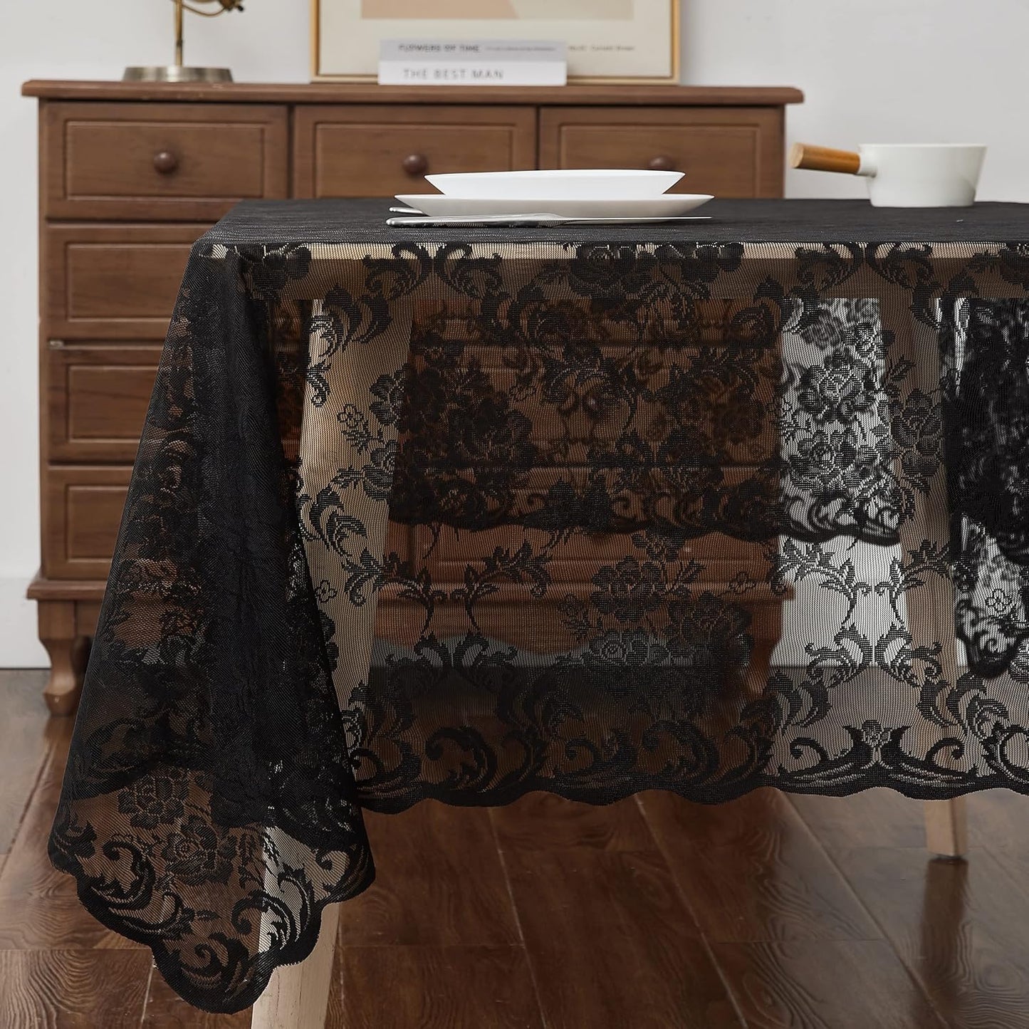 LinenZone Black Rectangle Tablecloth for Rustic Vintage Decor. Sheer Lace Table Cloth Works Great As Wedding Tablecloth or Thanksgiving Table Cover. (Mia TC 60 x 120, Black)