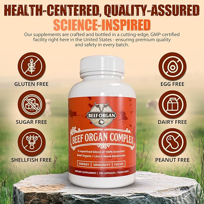 Superfood Blend Grass Fed Beef Organ Supplement for Men & Women 180 Capsules 30-Day Supply - 5 Beef Organ & 3 More Ingredients - Pasture Raised Organ Complex - Support Immunity & Focus