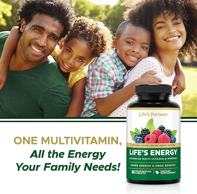 Life's Energy Advanced Daily Multivitamin for Men & Women, Energy and Immune Support Supplement with Super Greens, Antioxidants, Enzymes - Iron Free, Vegetarian, 60 Tablets by Life's Fortune