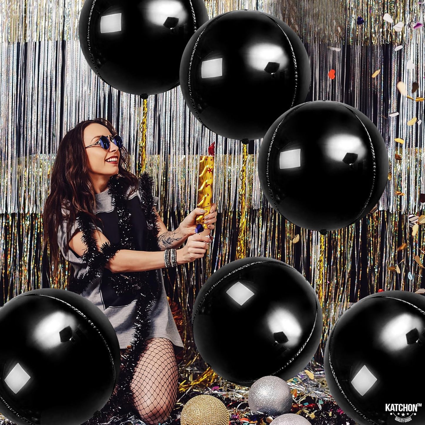KatchOn, Large Black Mylar Balloons - 22 Inch, Pack of 6 | Round 4D Mylar Balloon | Black Balloons for Birthday, Bachelorette Decorations, Halloween Foil balloons For Halloween Decorations