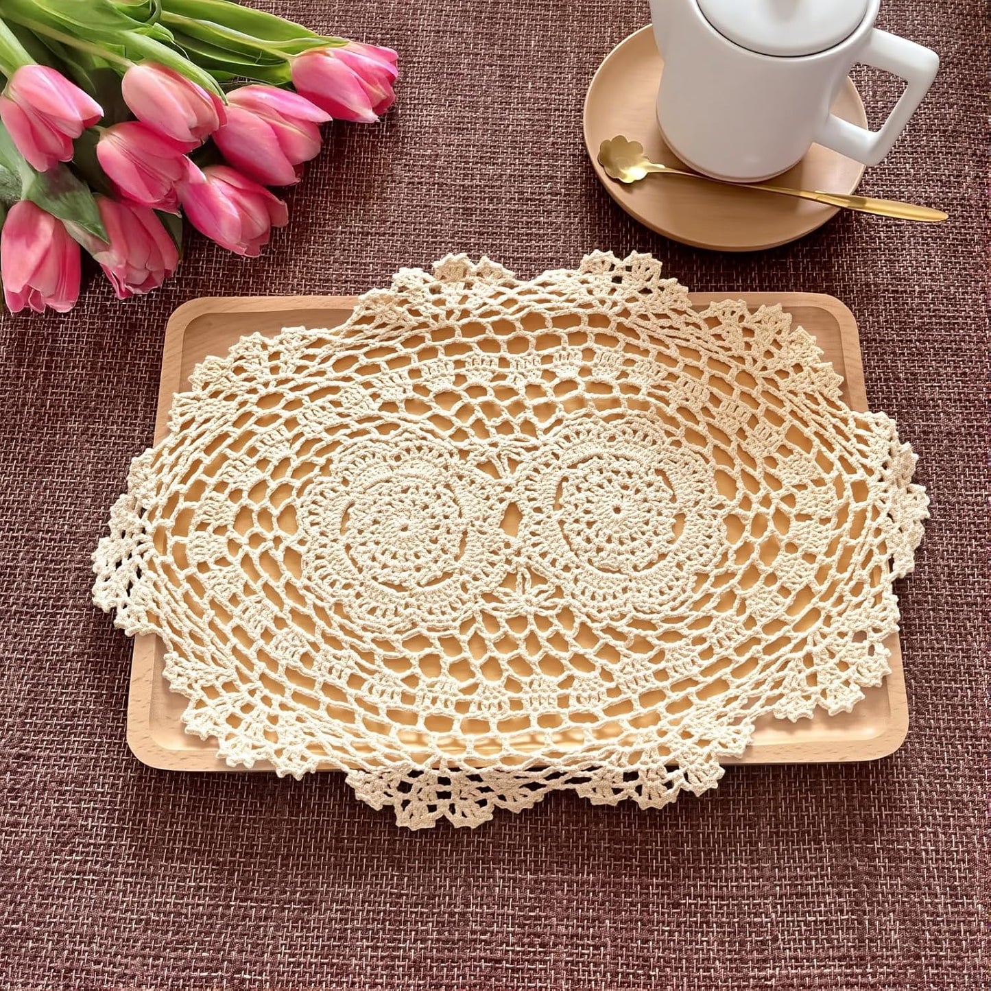 2-Pack Vintage Lace Placemats - 10x14 Inch French Crochet Lace Doilies, Handmade Embroidered Oval Table Mats for Dining, Tea Party, Wedding Decor, Furniture and Home Decoration (Beige)