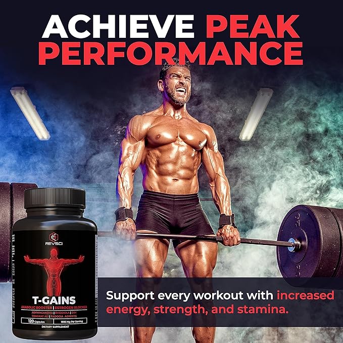 Testosterone Supplement for Men - T-GAINS Natural Testosterone Booster for Men with Longjack Tongkat Ali, Fadogia Agrestis, Shilajit - Estrogen Blocker, Mucle Builder & Vitality Support, 120 Count