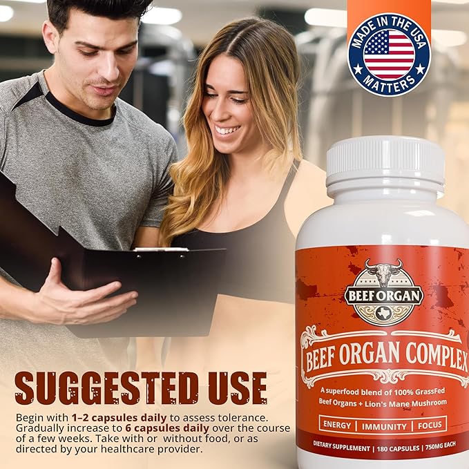 Superfood Blend Grass Fed Beef Organ Supplement for Men & Women 180 Capsules 30-Day Supply - 5 Beef Organ & 3 More Ingredients - Pasture Raised Organ Complex - Support Immunity & Focus