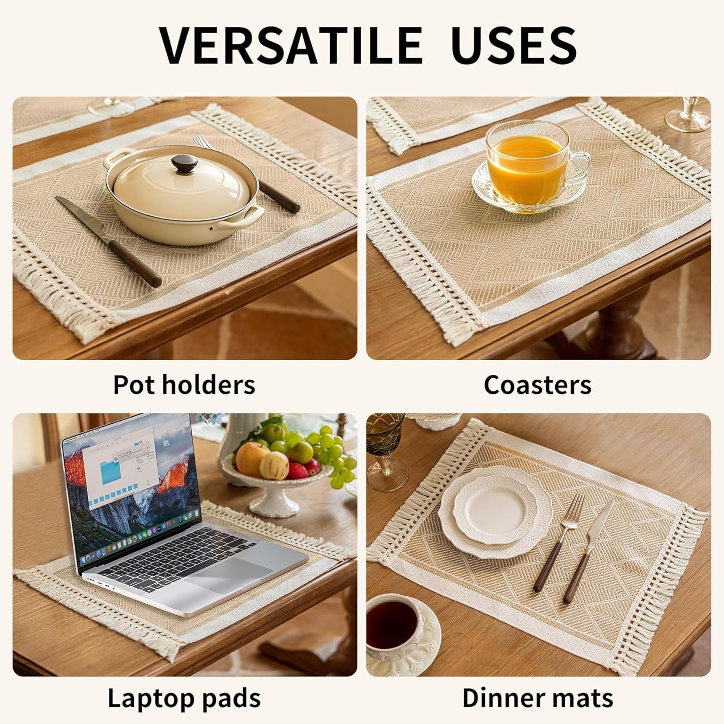 Placemats Set of 4,Waterproof Placemat with Tassel Fringe,Boho Placemats for Coffee Table Western Restaurant