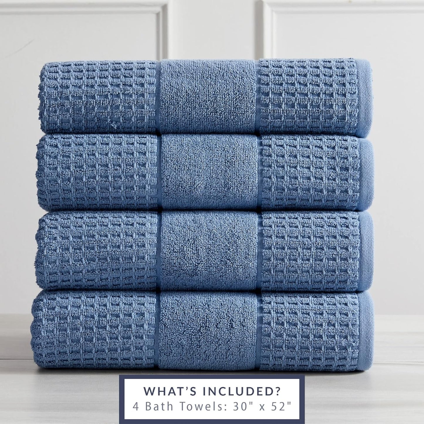 100% Cotton Super Soft Luxury Bath Towel Set | Quick-Dry and Highly Absorbent | Waffle Textured | 550 GSM | Includes 4 Bath Towels | Harper Collection (Denim Blue)
