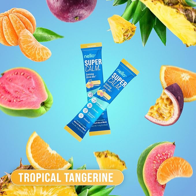 Supercalm Powdered Drink Mix, Tropical Tangerine, L Theanine, Ksm-66 Ashwagandha, Magnesium Glycinate, Vitamin D 3, Supplements for Relaxation & Focus, Natural, No Sugar, Non GMO, 20 Srvg