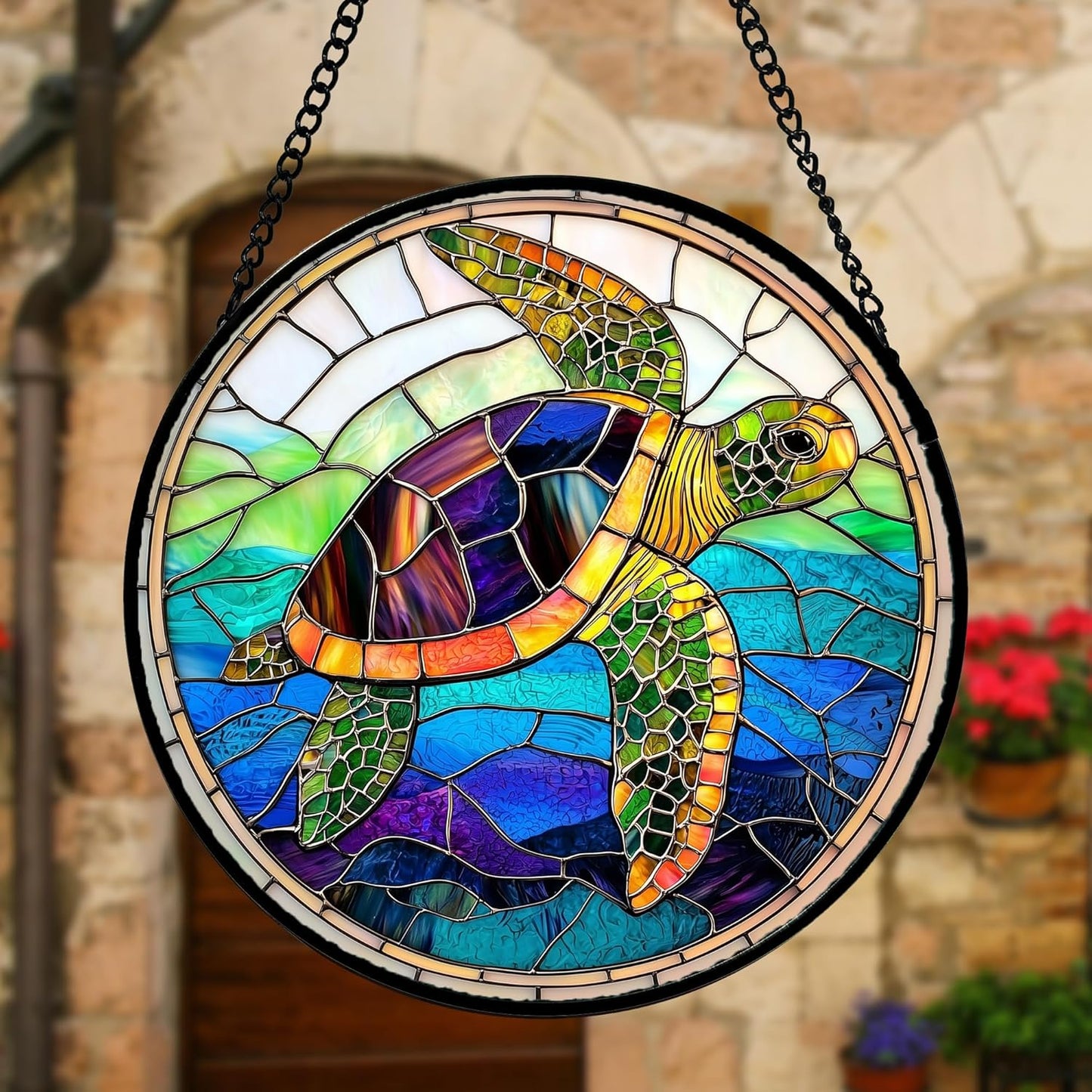 Stained Glass Window Hanging, Colored Turtle Ocean Suncatcher Diamond Glass Panel Hangings Marine Life Sun Catchers Decor for Birthday for Women, Men, Wife, Aunt, Mom 7.8 in