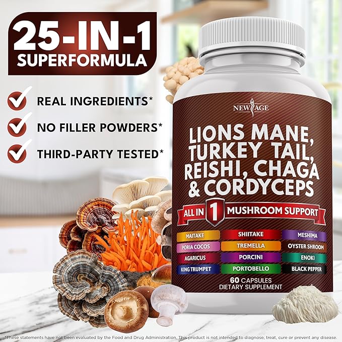 NEW AGE Lions Mane Mushroom Supplement with Turkey Tail Reishi Cordyceps Chaga with Marshmallow Root