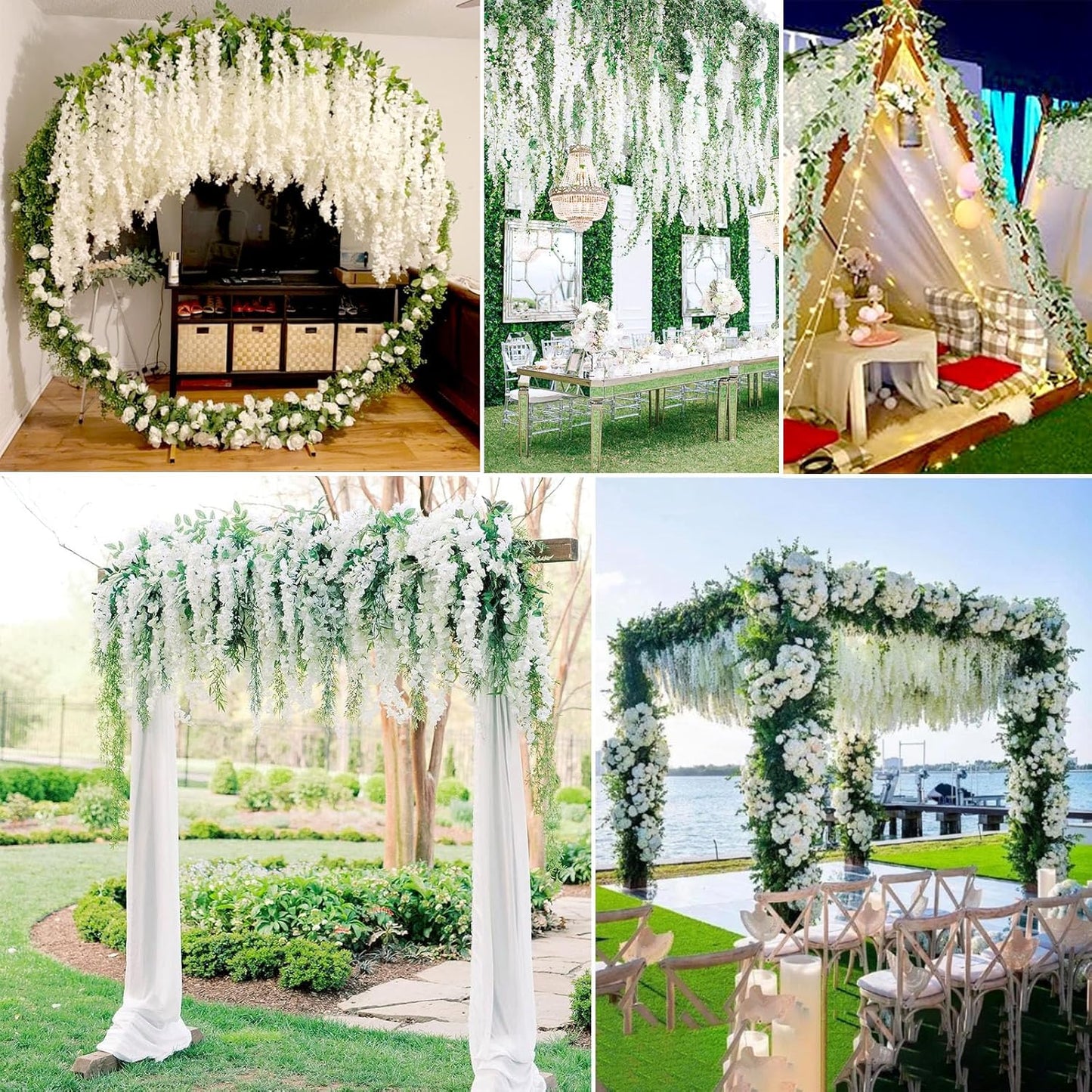 12 Pack White Wisteria Hanging Flowers Garland with Lights, 3.44 Feet Artificial Flower Vines, Fake Wisteria, Artificial Vines Hanging Garland for Backdrop Outdoor Patio Garden Decor