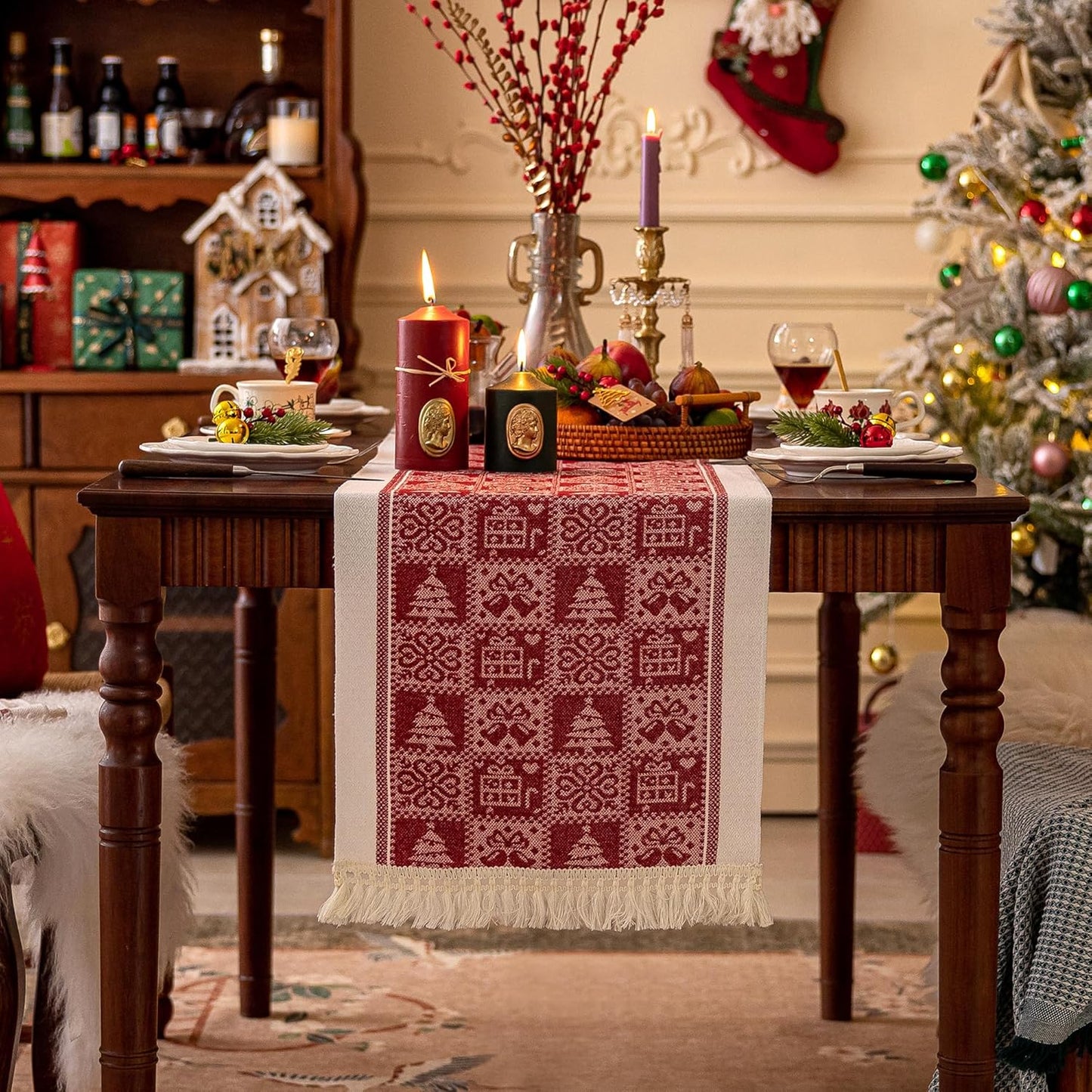 Table Runners 107 Inches,Christmas Tree Table Runner with Tassel Fringe,Gift Table Runner for Party,Coffee Table, Festival