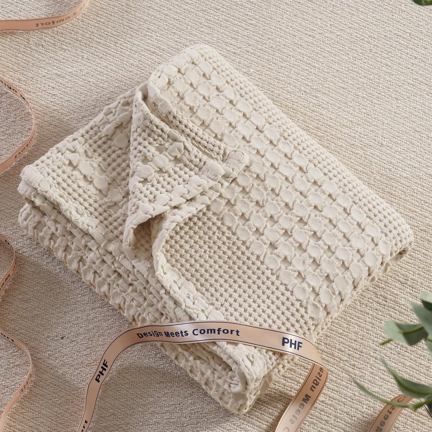 PHF 100% Cotton Waffle Weave Throw Blanket, Soft Lightweight Breathable Cozy Throws for Couch Bed Sofa, Luxury Aesthetic Woven Blanket for Home Decor & Office, 50"x60", Oatmeal